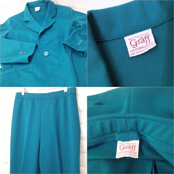 Vintage 2pc Set Graff Polyester Leisure Suit Blazer Comfort Pant -L Pockets Teal - Picture 10 of 10